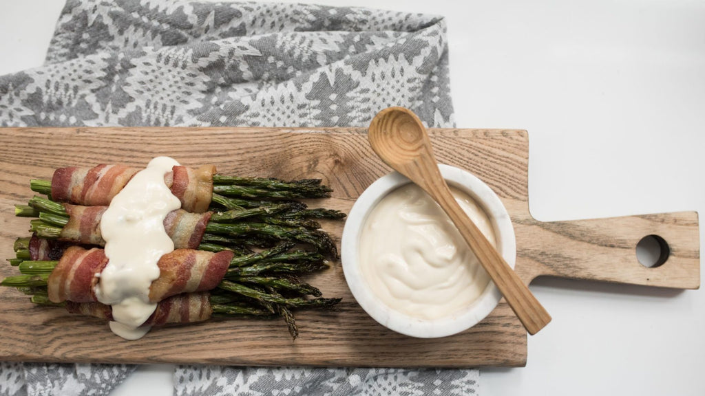 Bacon-Wrapped Asparagus with Garlic Aioli {Keto-Friendly and Gluten-Free}